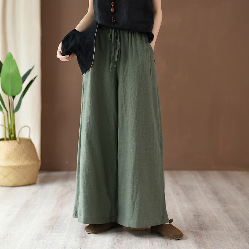 Buddha Stones Loose Cotton Linen Drawstring Wide Leg Pants With Pockets