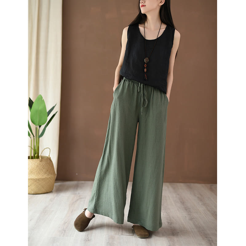 Buddha Stones Loose Cotton Linen Drawstring Wide Leg Pants With Pockets