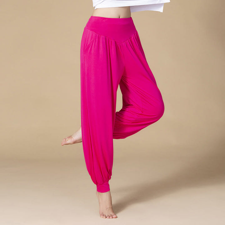 Buddha Stones Solid Color Modal Yoga Dance High Waist Harem Pants With Pockets - Rose Red - US14，UK/AU18，EU46 (3XL) - image 15