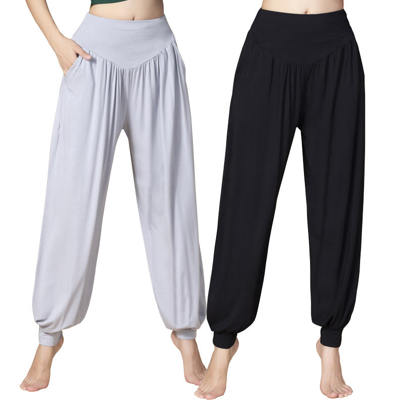 Buddha Stones Solid Color Modal Yoga Dance High Waist Harem Pants With Pockets