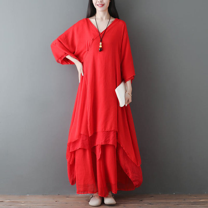 Buddha Stones V-Neck Midi Tunic Dress Wide Leg Pants Meditation Zen Practice Dance Clothing - 2Pcs Red(Dress&Pants) - US12，UK/AU16，EU44 (2XL) - image 7