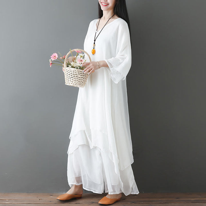 Buddha Stones V-Neck Midi Tunic Dress Wide Leg Pants Meditation Zen Practice Dance Clothing