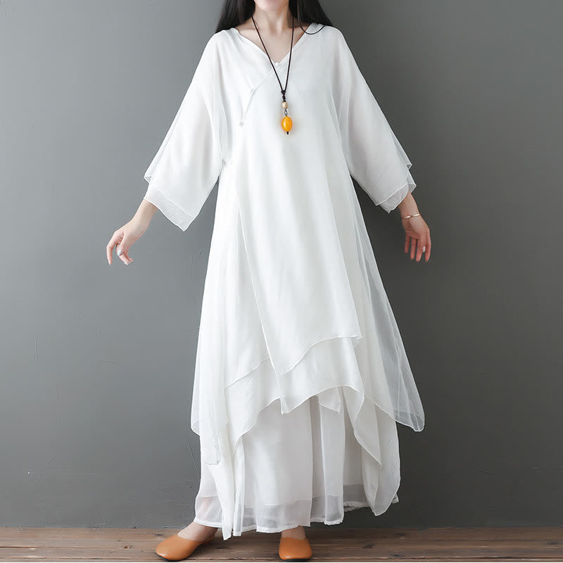 Buddha Stones V-Neck Midi Tunic Dress Wide Leg Pants Meditation Zen Practice Dance Clothing - 2Pcs White(Dress&Pants) - US12，UK/AU16，EU44 (2XL) - image 1