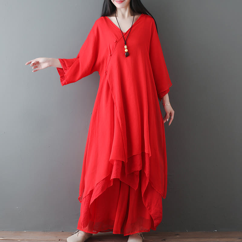 Buddha Stones V-Neck Midi Tunic Dress Wide Leg Pants Meditation Zen Practice Dance Clothing - image 8