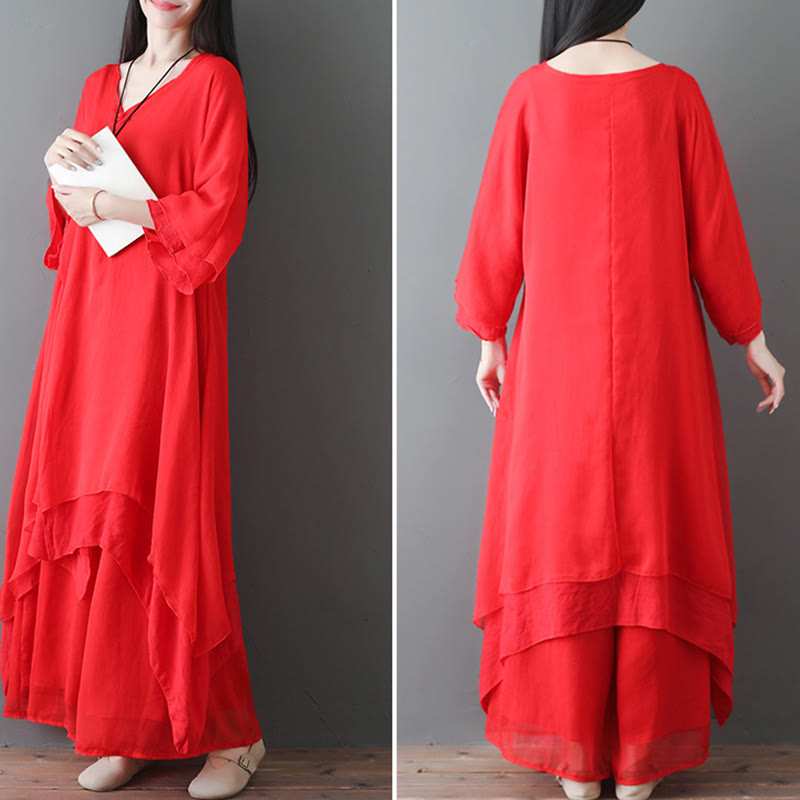 Buddha Stones V-Neck Midi Tunic Dress Wide Leg Pants Meditation Zen Practice Dance Clothing - image 15