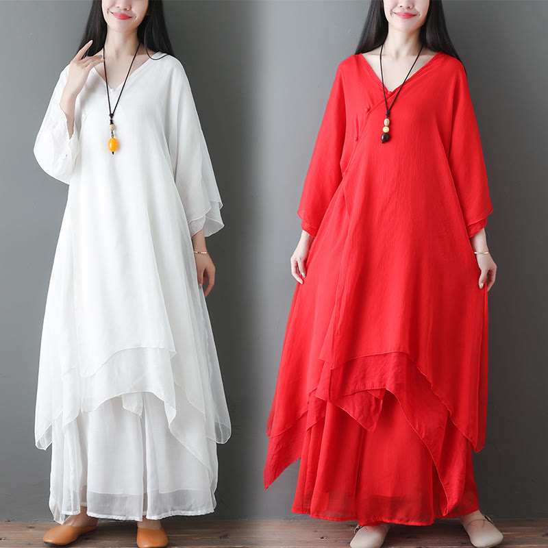 Buddha Stones V-Neck Midi Tunic Dress Wide Leg Pants Meditation Zen Practice Dance Clothing