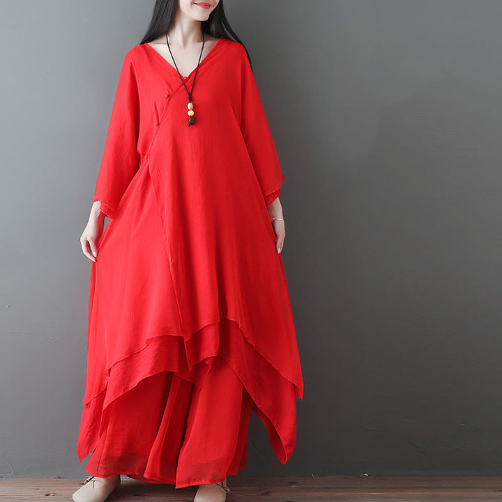 Buddha Stones V-Neck Midi Tunic Dress Wide Leg Pants Meditation Zen Practice Dance Clothing - image 14