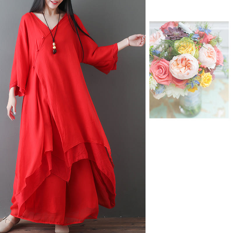 Buddha Stones V-Neck Midi Tunic Dress Wide Leg Pants Meditation Zen Practice Dance Clothing - image 13
