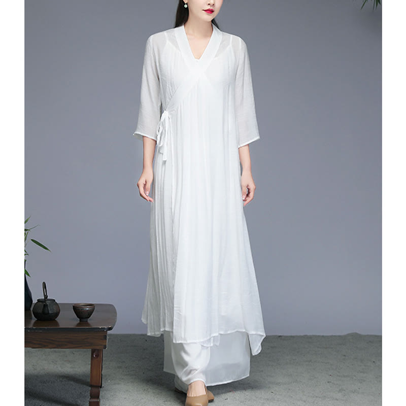 Buddha Stones Hanfu Style Midi Dress Wide Leg Pants Meditation Zen Practice Yoga Dance Clothing