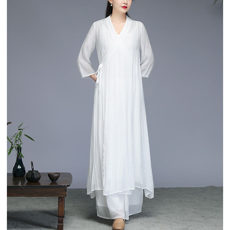 Buddha Stones Hanfu Style Midi Dress Wide Leg Pants Meditation Zen Practice Yoga Dance Clothing