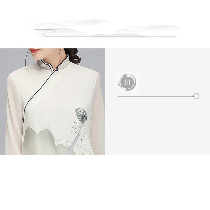 Buddha Stones Lotus Flower Pod Chiffon Cheongsam Midi Dress Meditation Zen Practice Clothing - image 5