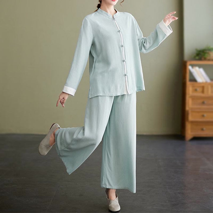 Buddha Stones 2Pcs Tang Suit Long Sleeve Shirt Top Pants Meditation Zen Tai Chi Cotton Linen Clothing Women's Set - image 16