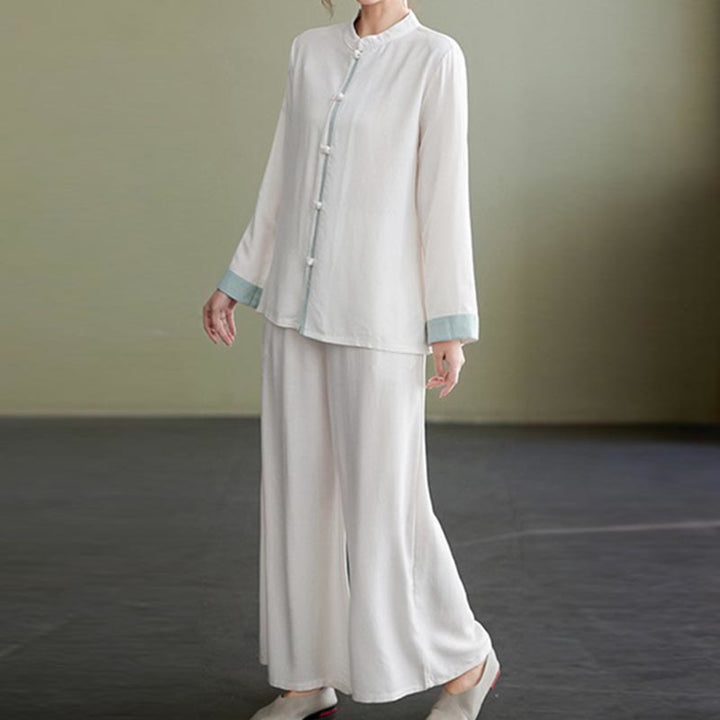 Buddha Stones 2Pcs Tang Suit Long Sleeve Shirt Top Pants Meditation Zen Tai Chi Cotton Linen Clothing Women's Set - image 4