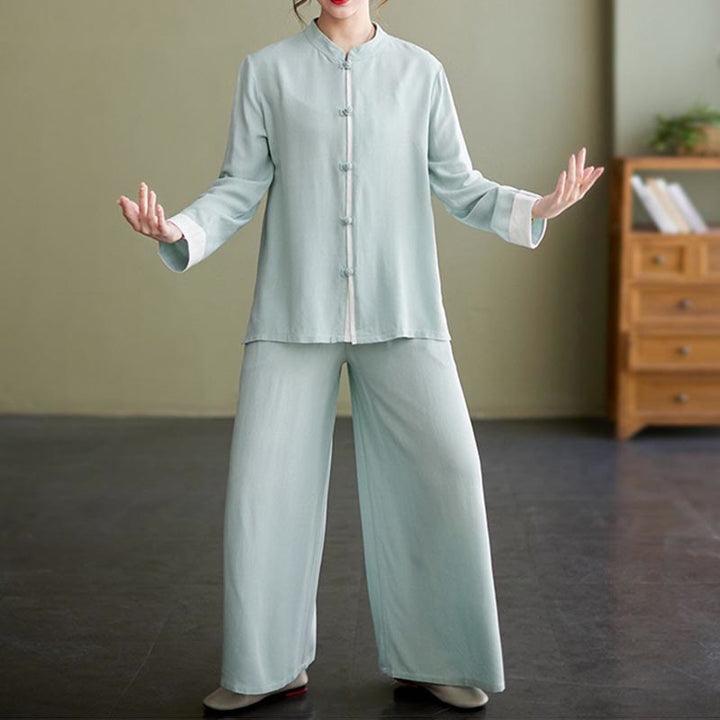 Buddha Stones 2Pcs Tang Suit Long Sleeve Shirt Top Pants Meditation Zen Tai Chi Cotton Linen Clothing Women's Set - image 17