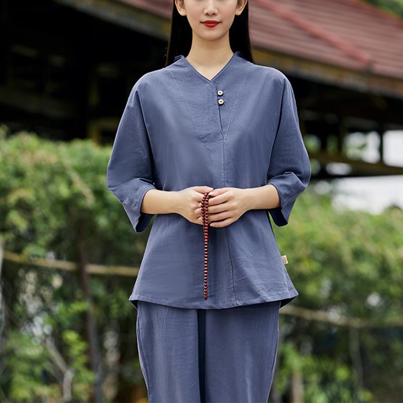 Buddha Stones 2Pcs Shirt Top Pants Meditation Zen Tai Chi Cotton Linen Clothing Women's Set - Blue(Top&Pants) - US8-10，UK/AU12-14，EU40-42 (2XL) - image 14