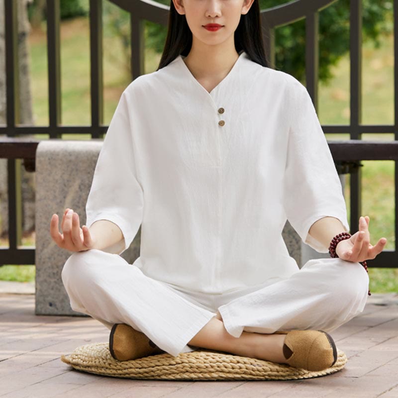 Buddha Stones 2Pcs Shirt Top Pants Meditation Zen Tai Chi Cotton Linen Clothing Women's Set - White(Top&Pants) - US8-10，UK/AU12-14，EU40-42 (2XL) - image 0