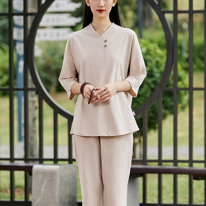 Buddha Stones 2Pcs Shirt Top Pants Meditation Zen Tai Chi Cotton Linen Clothing Women's Set - Khaki(Top&Pants) - US8-10，UK/AU12-14，EU40-42 (2XL) - image 6