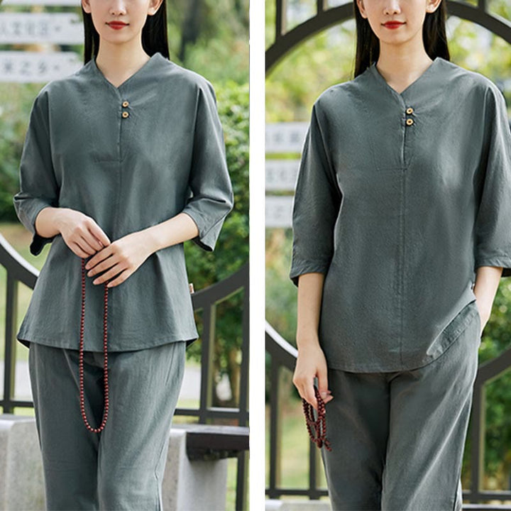 Buddha Stones 2Pcs Shirt Top Pants Meditation Zen Tai Chi Cotton Linen Clothing Women's Set