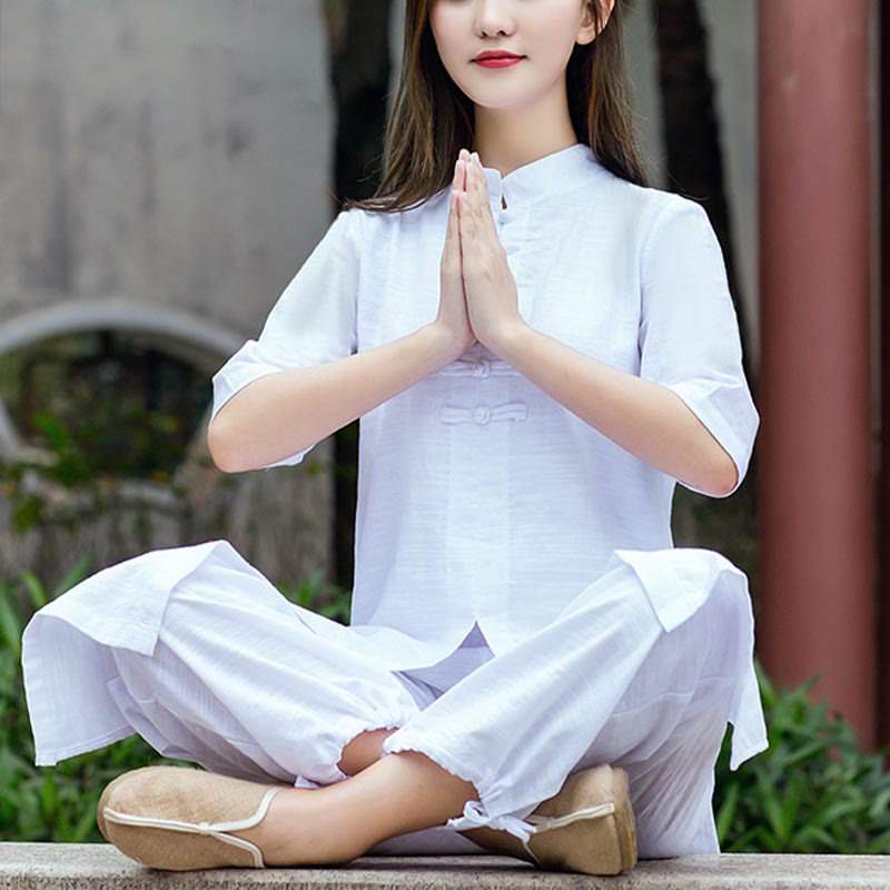 Buddha Stones 2Pcs Half Sleeve Shirt Top Pants Meditation Zen Tai Chi Linen Clothing Women's Set