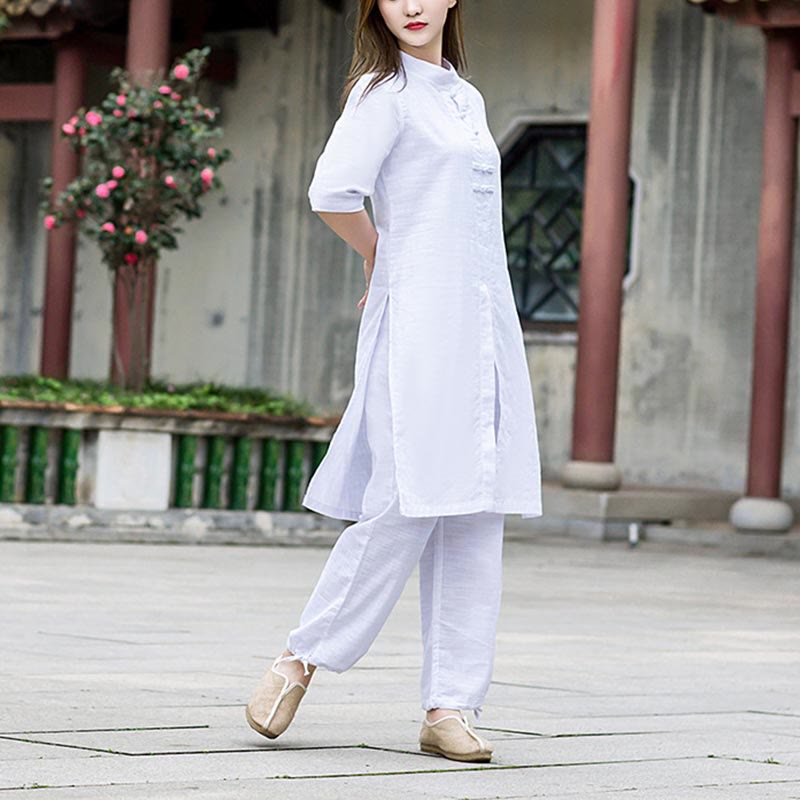 Buddha Stones 2Pcs Half Sleeve Shirt Top Pants Meditation Zen Tai Chi Linen Clothing Women's Set