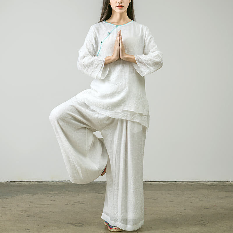 Buddha Stones 2Pcs Tang Suit Shirt Top Pants Meditation Zen Tai Chi Tencel Clothing Women's Set