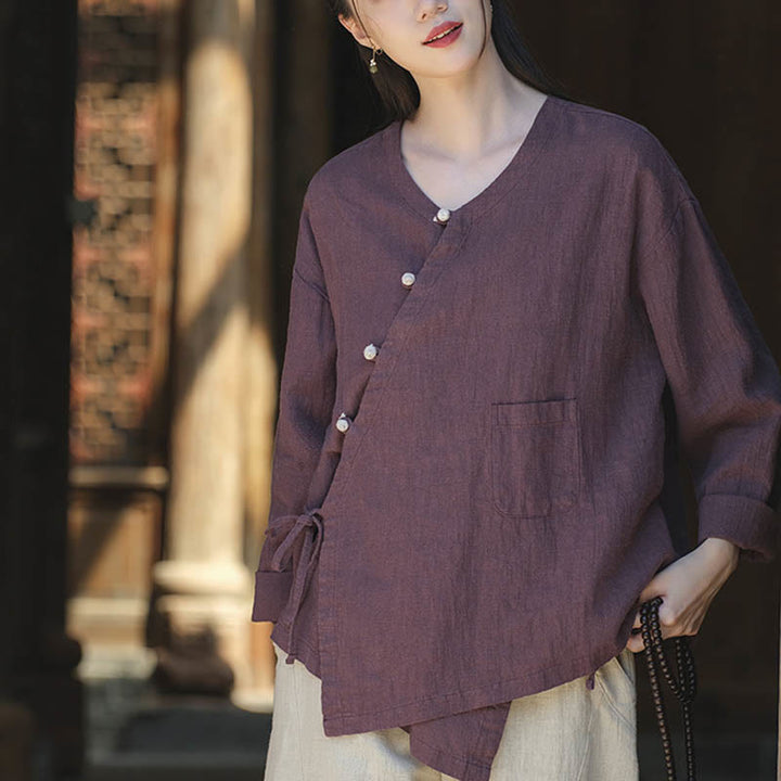 Buddha Stones Solid Color Ramie Linen Loose Blouse Long Sleeve Shirt Chinese Hanfu Top - Purple(Bust 116cm)(Top Only) - image 16