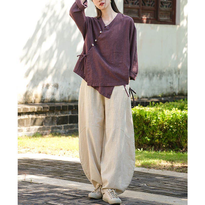 Buddha Stones Solid Color Ramie Linen Loose Blouse Long Sleeve Shirt Chinese Hanfu Top - image 23