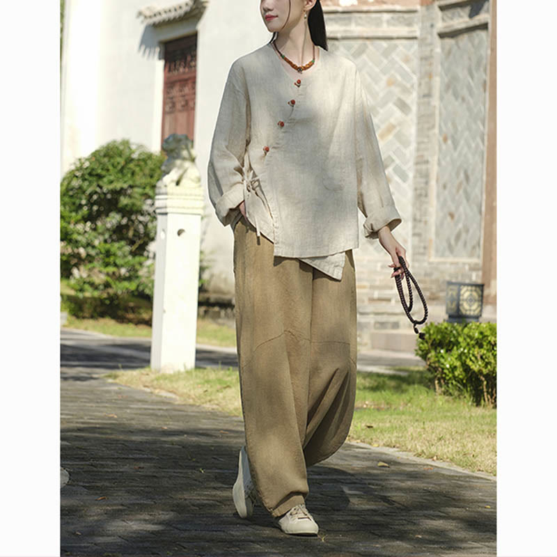 Buddha Stones Solid Color Ramie Linen Loose Blouse Long Sleeve Shirt Chinese Hanfu Top - image 6