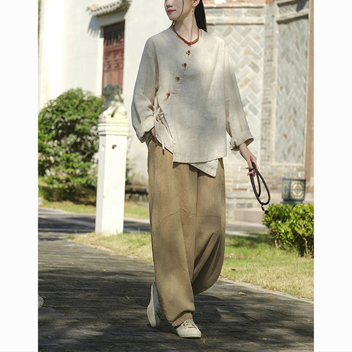 Buddha Stones Solid Color Ramie Linen Loose Blouse Long Sleeve Shirt Chinese Hanfu Top - image 6