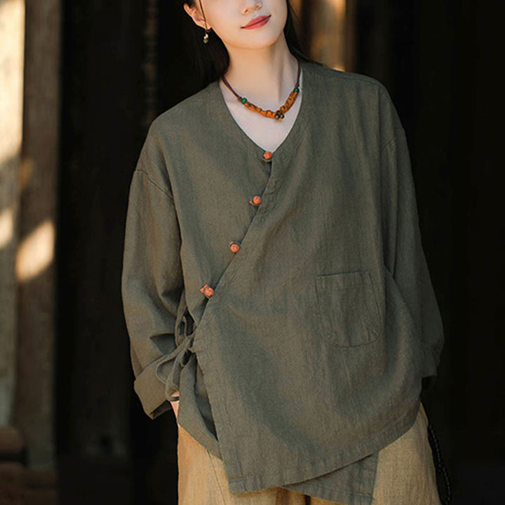 Buddha Stones Solid Color Ramie Linen Loose Blouse Long Sleeve Shirt Chinese Hanfu Top - image 11