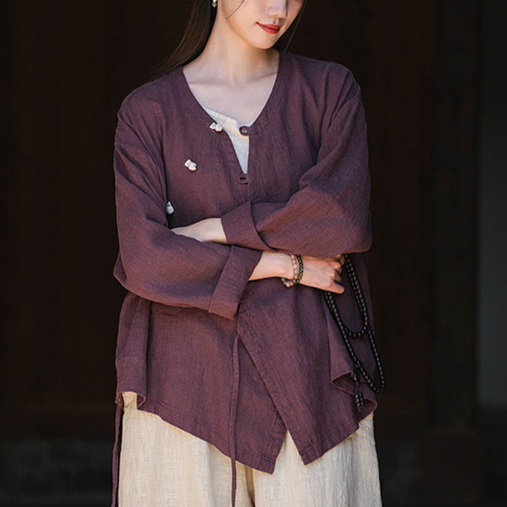Buddha Stones Solid Color Ramie Linen Loose Blouse Long Sleeve Shirt Chinese Hanfu Top - image 20