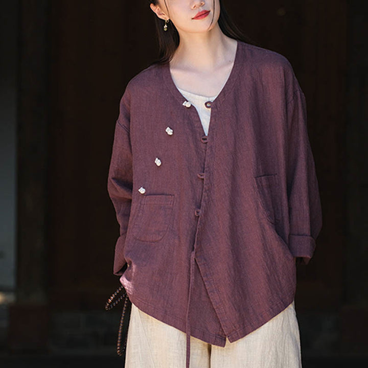 Buddha Stones Solid Color Ramie Linen Loose Blouse Long Sleeve Shirt Chinese Hanfu Top - image 19