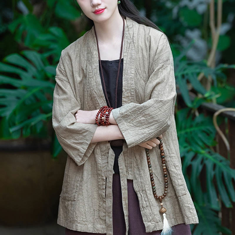 Buddha Stones Hanfu Design Three Quarter Sleeve Ramie Linen Coat Open Front Top Jacket - image 5