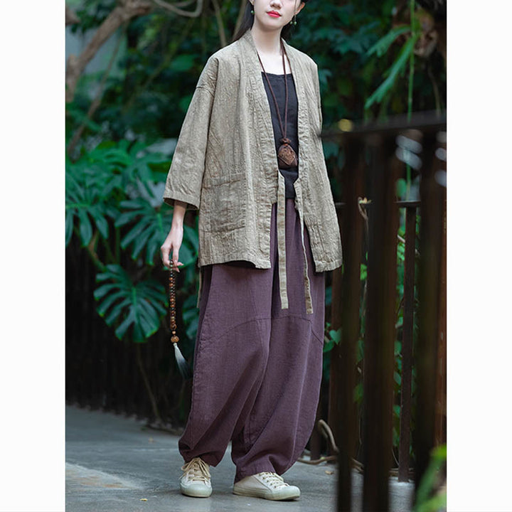 Buddha Stones Hanfu Design Three Quarter Sleeve Ramie Linen Coat Open Front Top Jacket