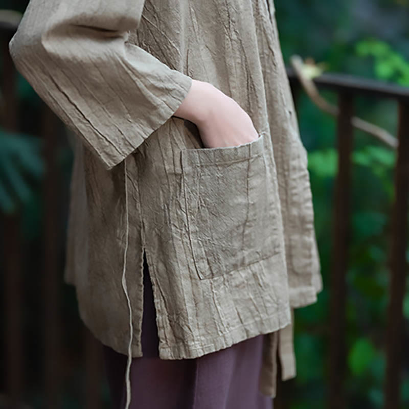 Buddha Stones Hanfu Design Three Quarter Sleeve Ramie Linen Coat Open Front Top Jacket