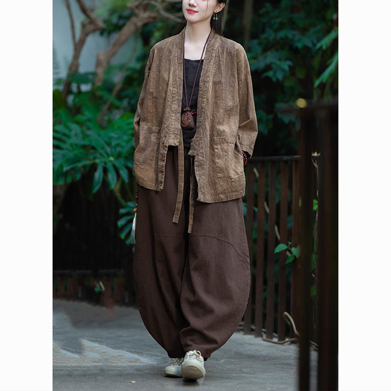 Buddha Stones Hanfu Design Three Quarter Sleeve Ramie Linen Coat Open Front Top Jacket - image 24