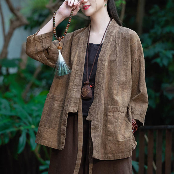 Buddha Stones Hanfu Design Three Quarter Sleeve Ramie Linen Coat Open Front Top Jacket - image 22