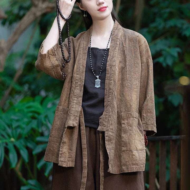 Buddha Stones Hanfu Design Three Quarter Sleeve Ramie Linen Coat Open Front Top Jacket - image 14