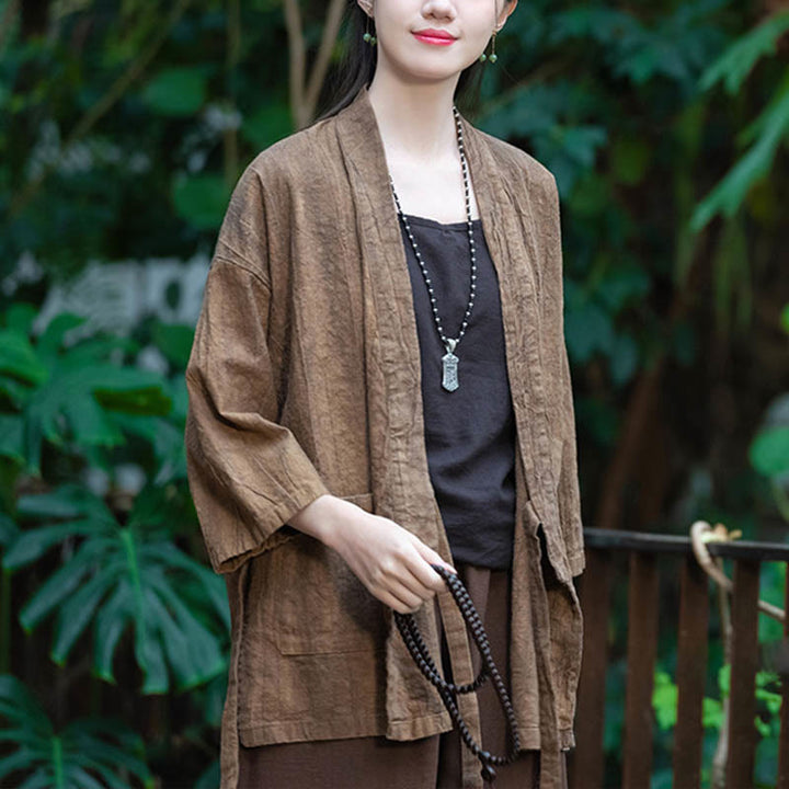 Buddha Stones Hanfu Design Three Quarter Sleeve Ramie Linen Coat Open Front Top Jacket - image 20