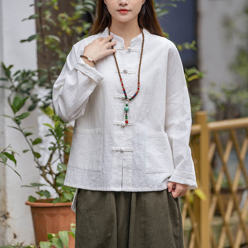 Buddha Stones Frog-Button Design Shirt Tai Chi Meditation Top Clothing Ramie Linen Jacket - White(Bust 128cm)(Top Only) - image 0