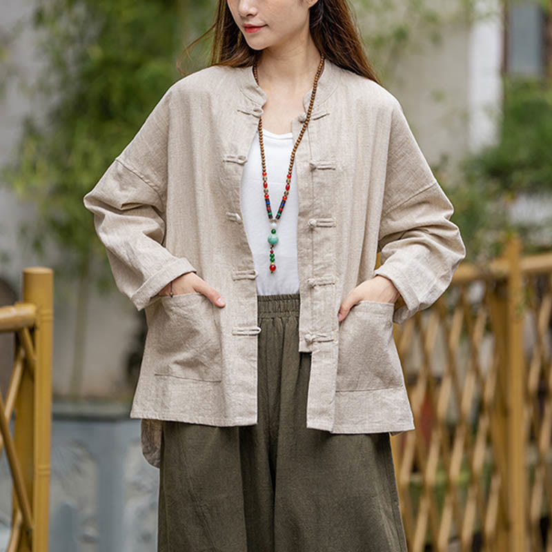 Buddha Stones Frog-Button Design Shirt Tai Chi Meditation Top Clothing Ramie Linen Jacket - Beige(Bust 128cm)(Top Only) - image 15