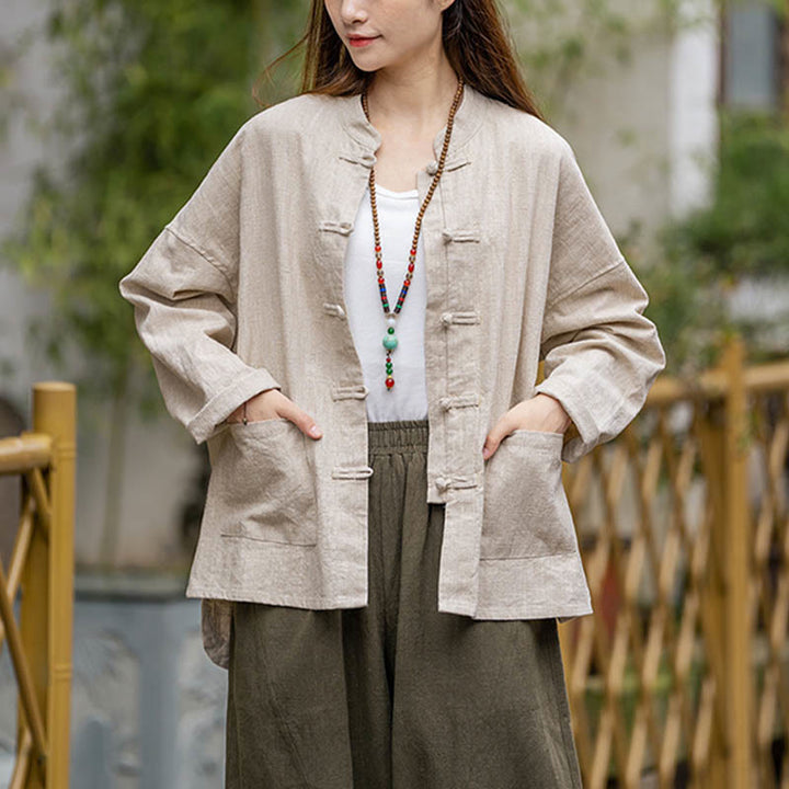 Buddha Stones Frog-Button Design Shirt Tai Chi Meditation Top Clothing Ramie Linen Jacket - Beige(Bust 128cm)(Top Only) - image 15