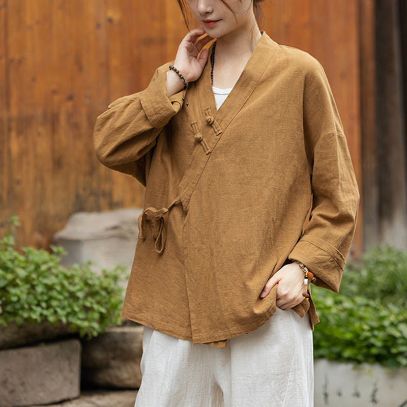 Buddha Stones Frog-Button Hanfu Design Shirt Top Ramie Linen Jacket - Yellow(Bust 126cm)(Top Only) - image 0