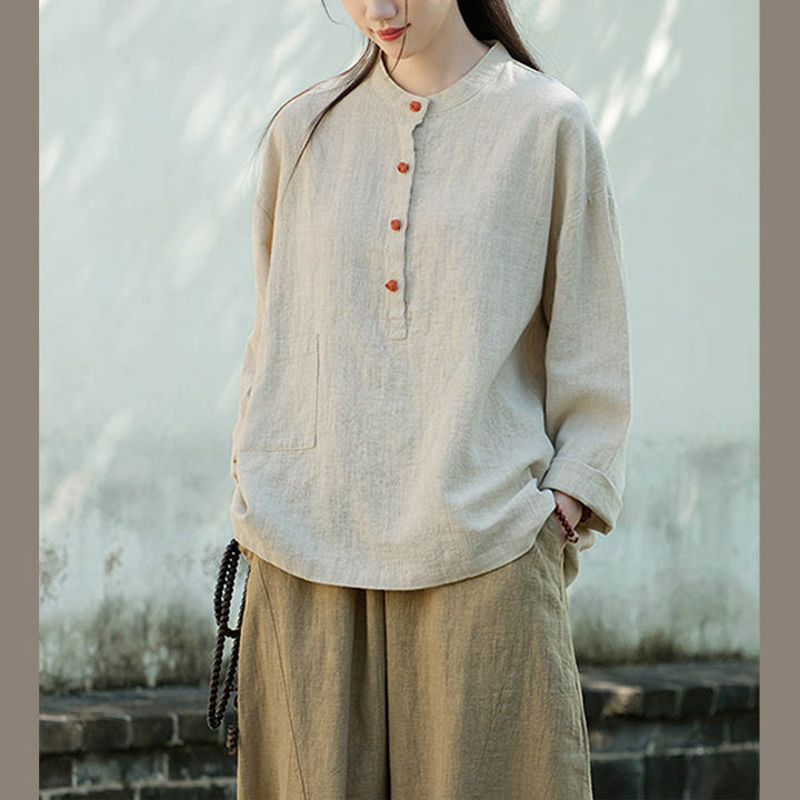 Buddha Stones Solid Color Loose Button Blouse Long Sleeve Shirt Top - image 14