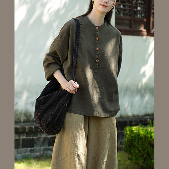 Buddha Stones Solid Color Loose Button Blouse Long Sleeve Shirt Top - image 25