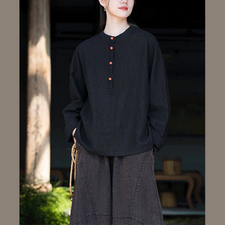 Buddha Stones Solid Color Loose Button Blouse Long Sleeve Shirt Top - image 31