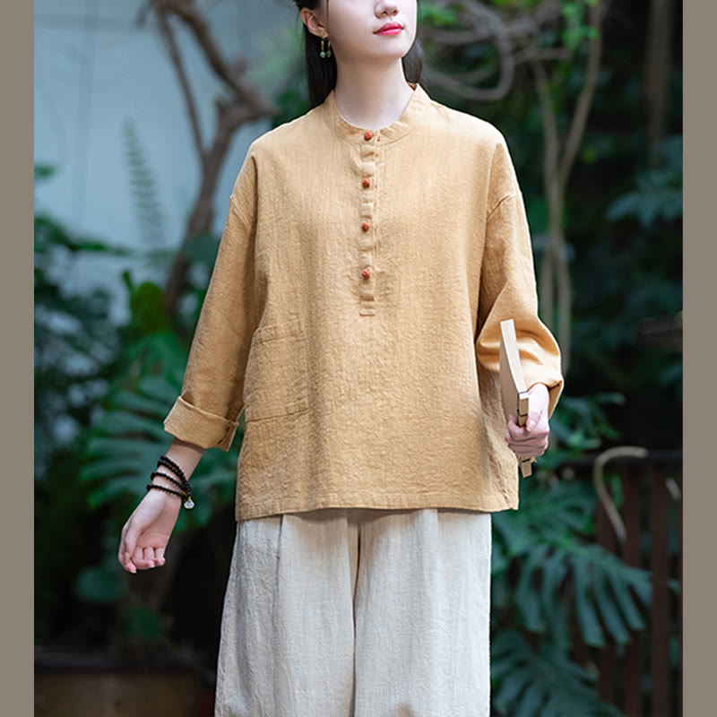 Buddha Stones Solid Color Loose Button Blouse Long Sleeve Shirt Top - image 39