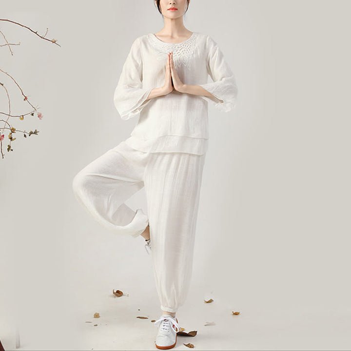 Buddha Stones 2Pcs Long Sleeve Frog-Button Meditation Prayer Zen Practice Tai Chi Uniform Clothing Women's Set