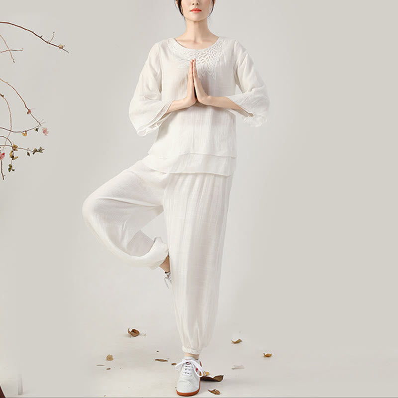 Buddha Stones 2Pcs Long Sleeve Frog-Button Meditation Prayer Zen Practice Tai Chi Uniform Clothing Women's Set - White Crew-Neck(Top&Pants) - US8-10，UK/AU12-14，EU40-42 (2XL) - image 11