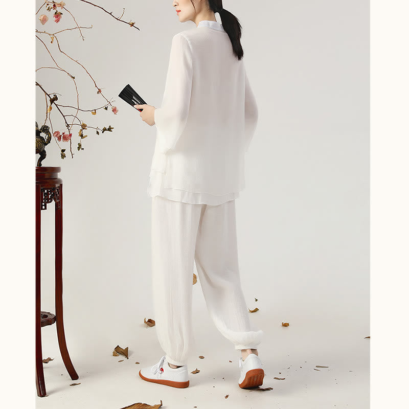 Buddha Stones 2Pcs Long Sleeve Frog-Button Meditation Prayer Zen Practice Tai Chi Uniform Clothing Women's Set - image 7